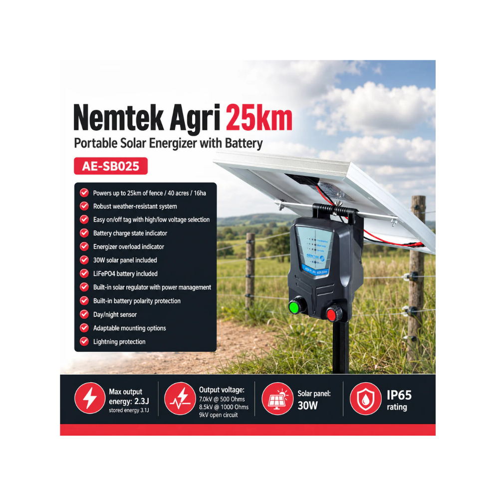 Nemtek Agri 25km Portable Solar Energizer with Battery