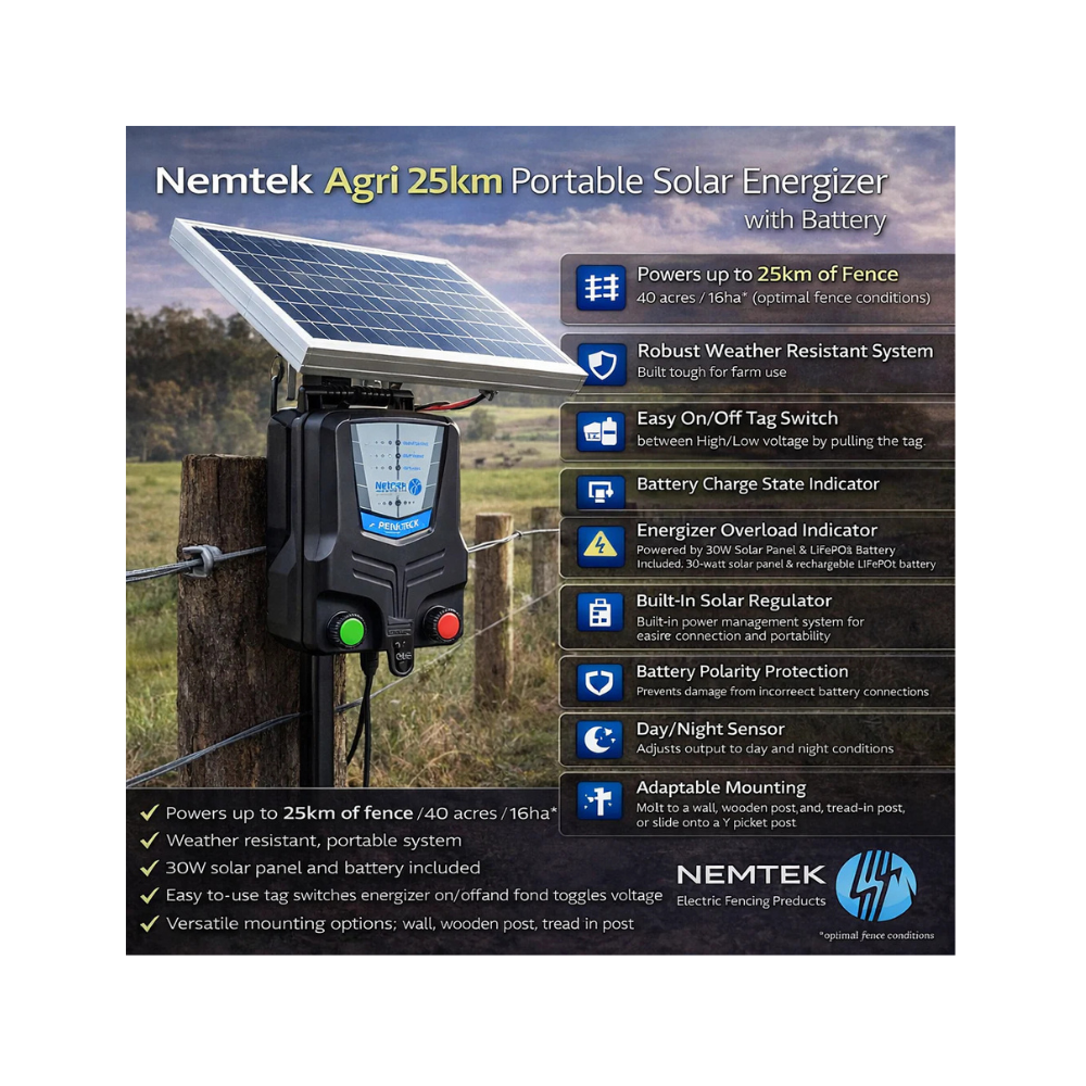 Nemtek Agri 25km Portable Solar Energizer with Battery