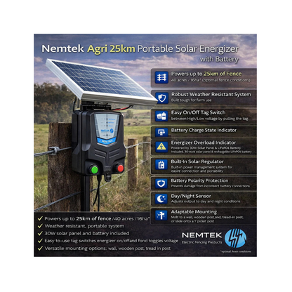 Nemtek Agri 25km Portable Solar Energizer with Battery