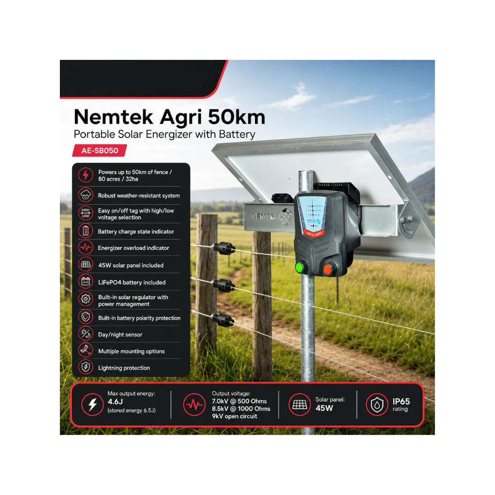 Nemtek Agri 50km Portable Solar Energizer with Battery
