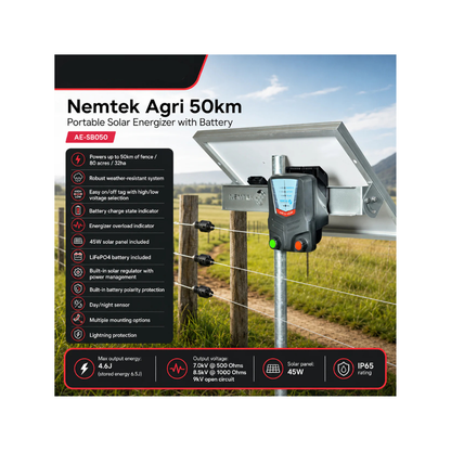 Nemtek Agri 50km Portable Solar Energizer with Battery